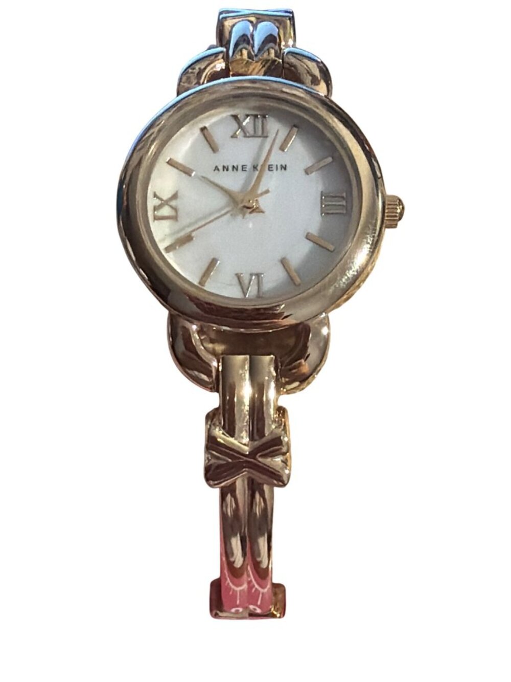 Anne Klein Gold Tone Bracelet Watch Roman Numerals Fold Over Clasp 6.5" *READ